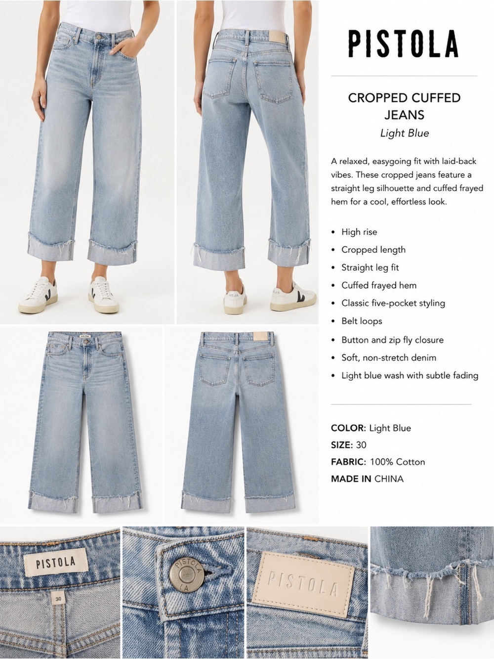 pistola Light Blue Cropped Cuffed Jeans